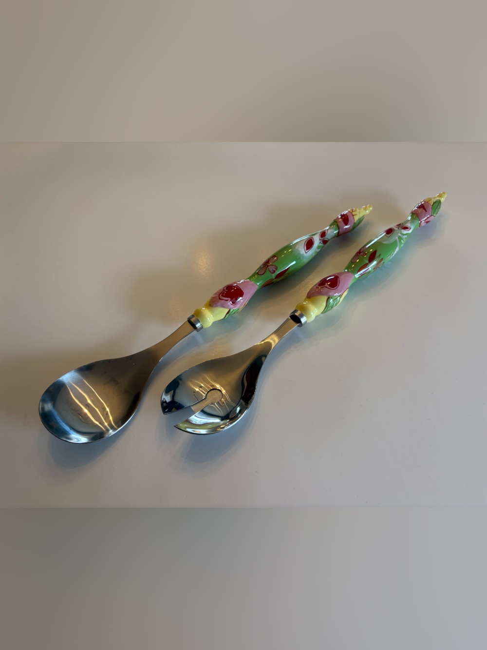 Tracy Porter Hand-Painted Floral Ceramic Salad Servers in Green, Pink, Yellow